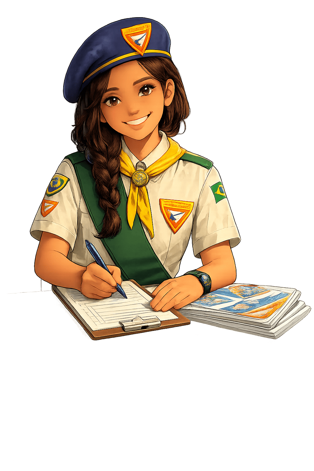 Jovem organizando informações de clubes de Aventureiros e Desbravadores